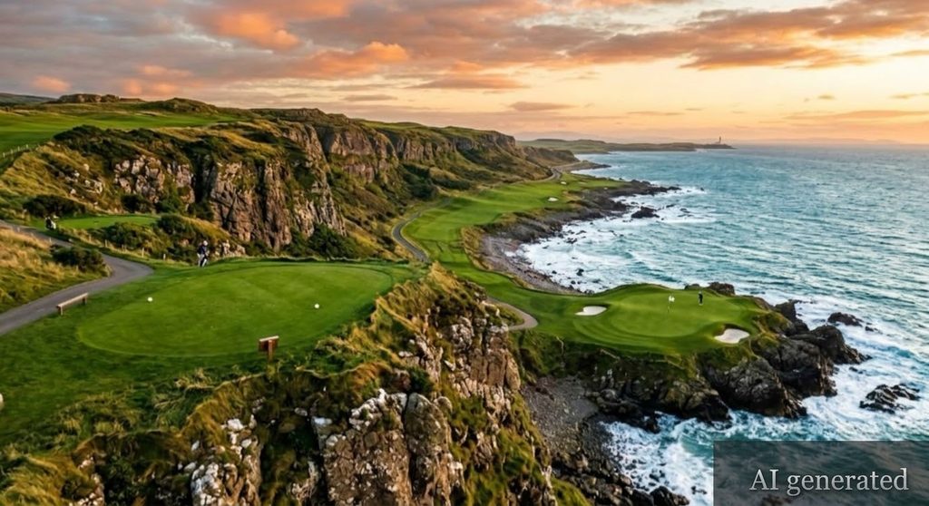 AI-generated cliffside ocean golf hole at sunset