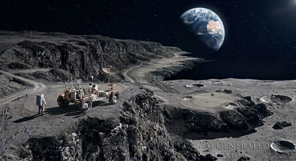 AI-generated golf hole on the Moon with a lunar rover and Earth in the sky
